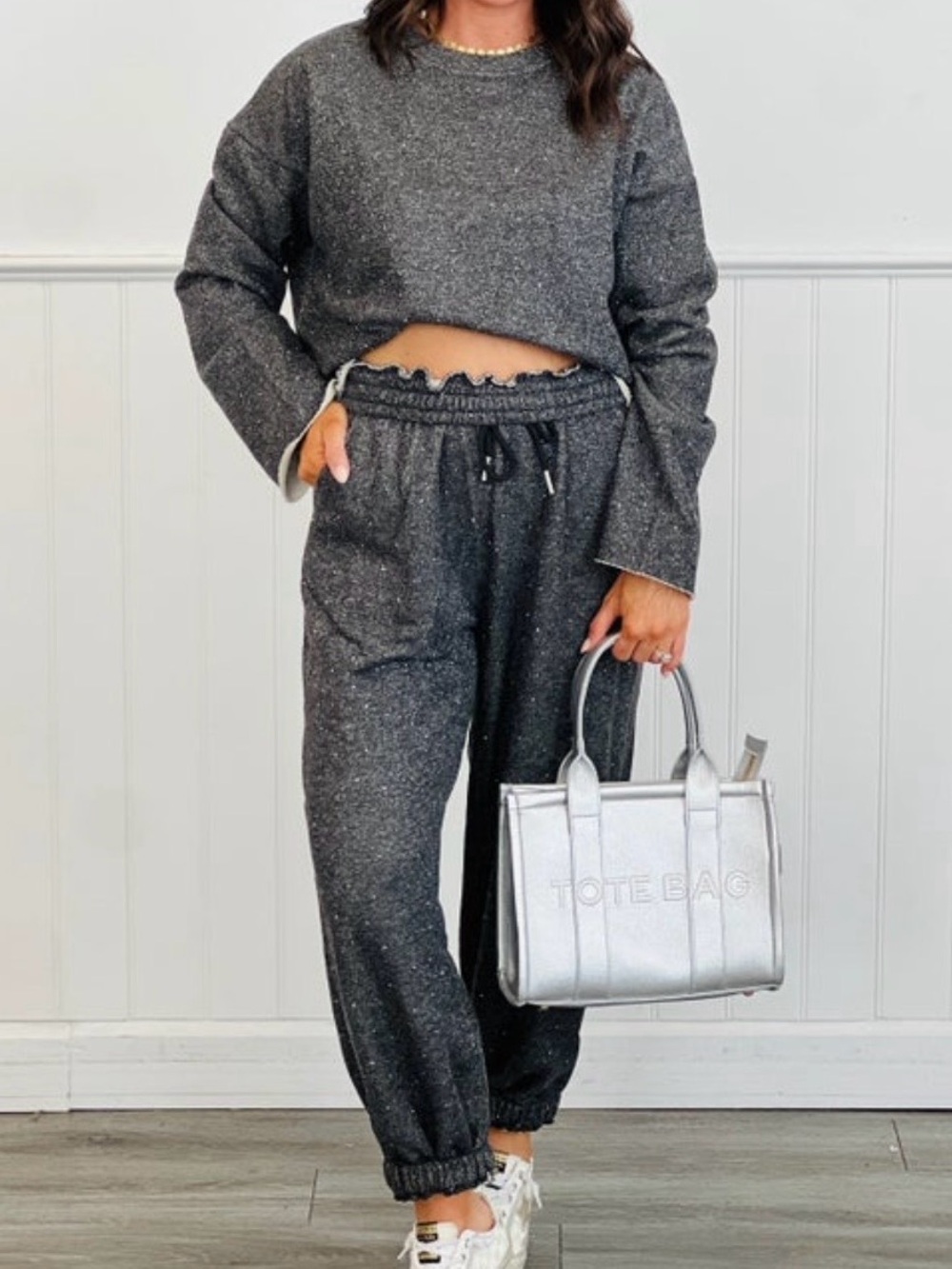 DAVI & DANI Sparkle Charcoal Jogger and crop sweatshirt with rhinestones